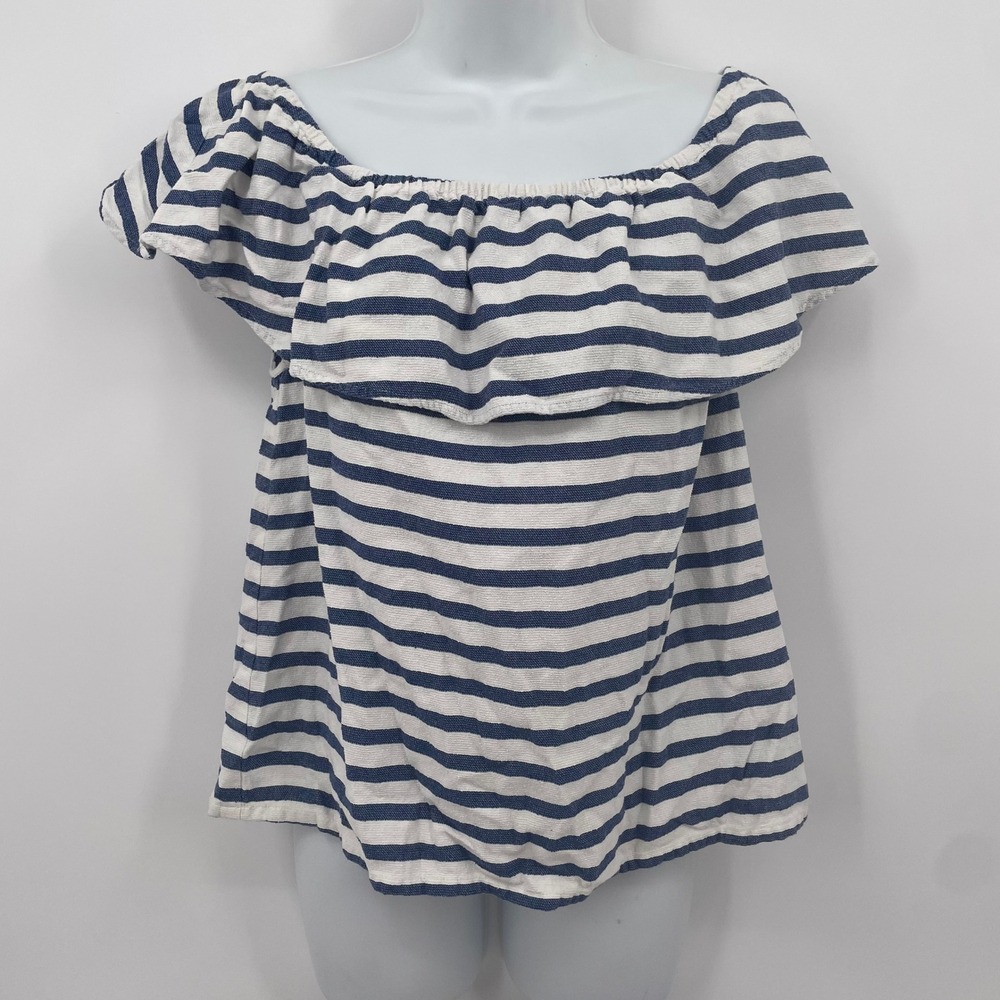 Southern Tide Womens Navy Blue White Striped Ruffle Off The Shoulder Top Medium